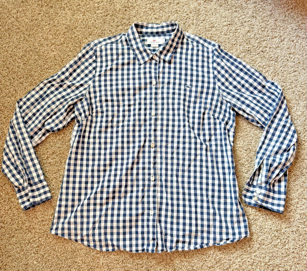 Vineyard Vines Long Sleeve Button Down Whale Shirt Navy White Gingham Sz XL/16